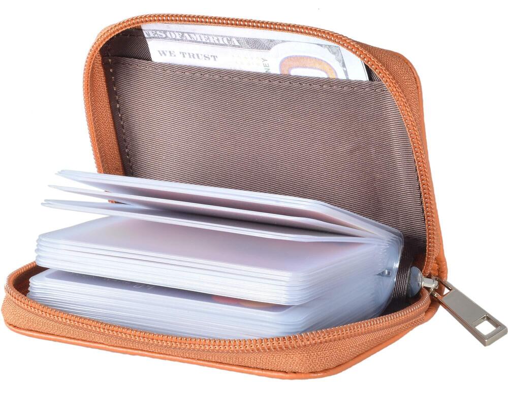 7851 Leather Credit Card Holder Zipper Wallet With 26 Card Slots Brown